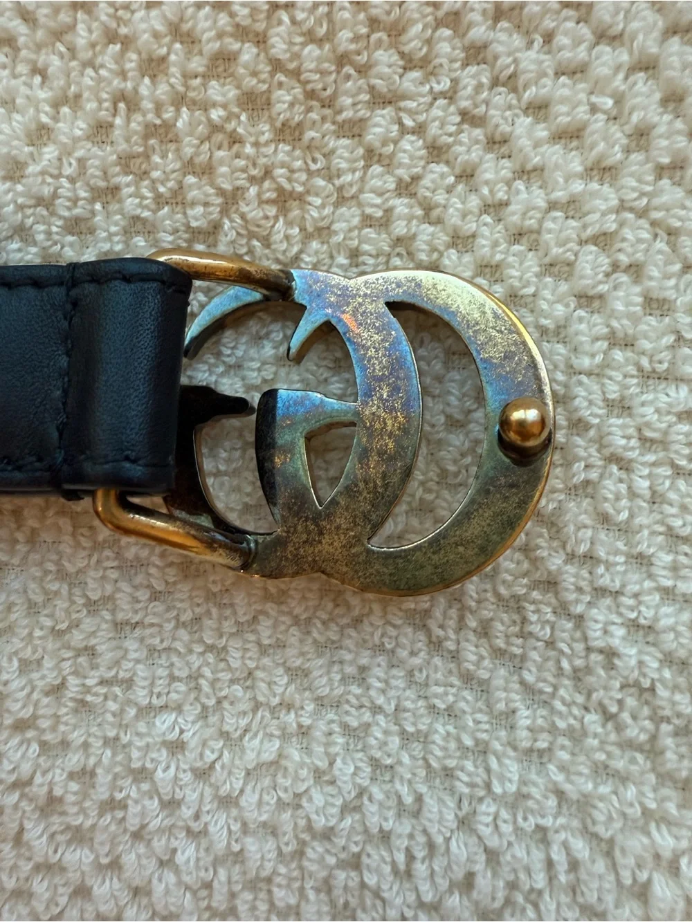 Gucci Black Leather Belt with Pearl-Studded Double G Gold Buckle